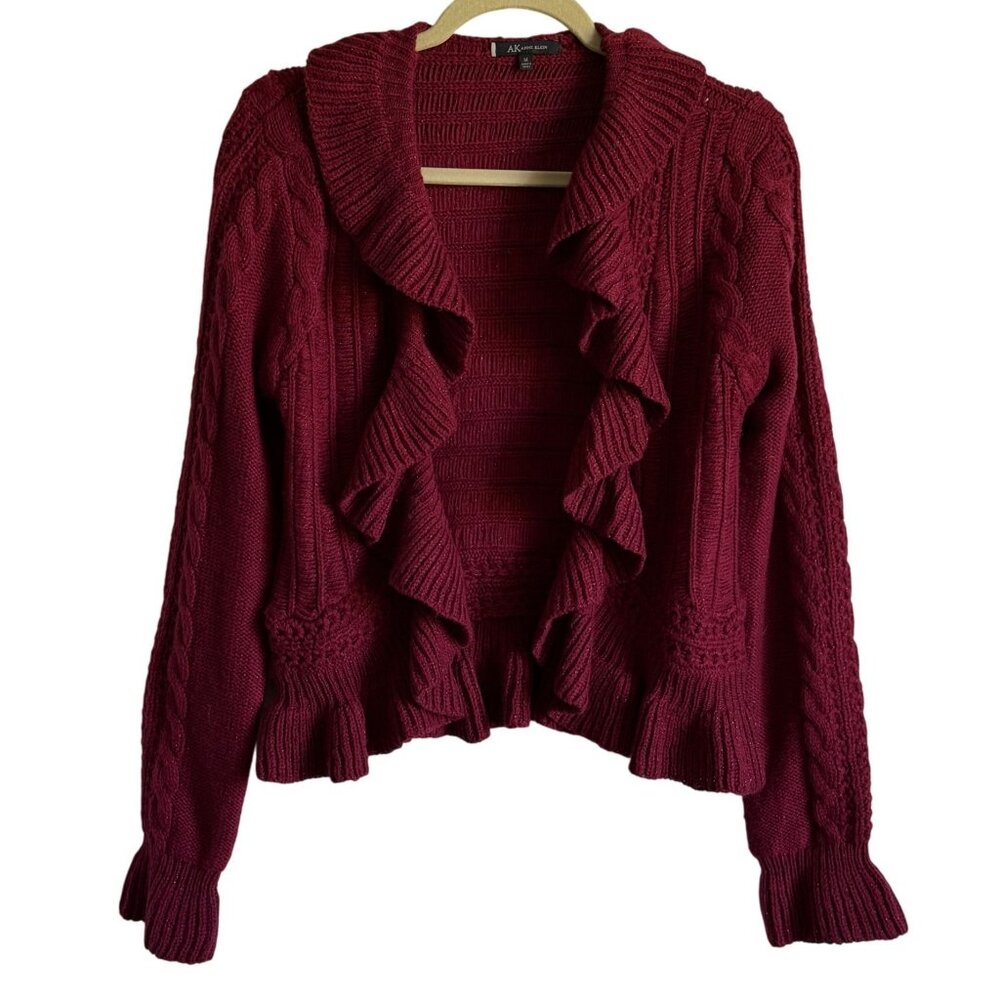 Anne Klein Burgundy Ruffled Cable Knit Cardigan